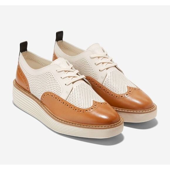 Cole Haan Women's OG Platform Wingtip Oxford Pecan Ivory Leather Size 9.5 US NIB - Picture 1 of 15
